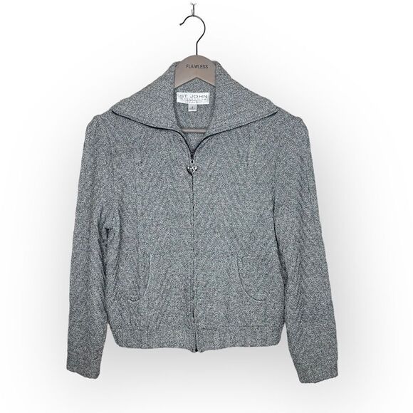 St John Collection Silver Grey Zip Up Jacket Sweater Size 2 - Picture 1 of 7
